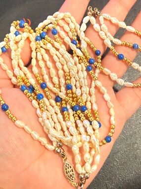 Gold 14k gold filled  Pearl and Blue Bead Necklace & bracelet